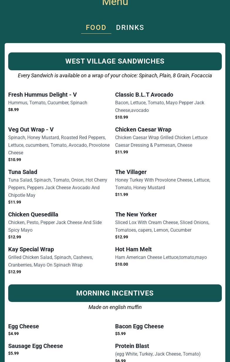 Village Coffee Bar Menu