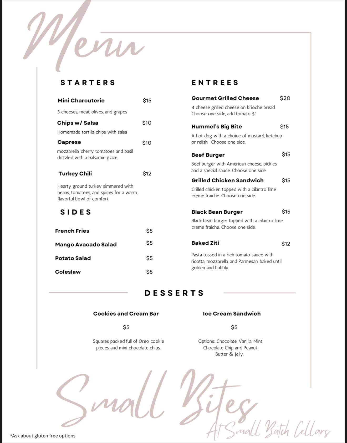 Small Batch Cellars Menu