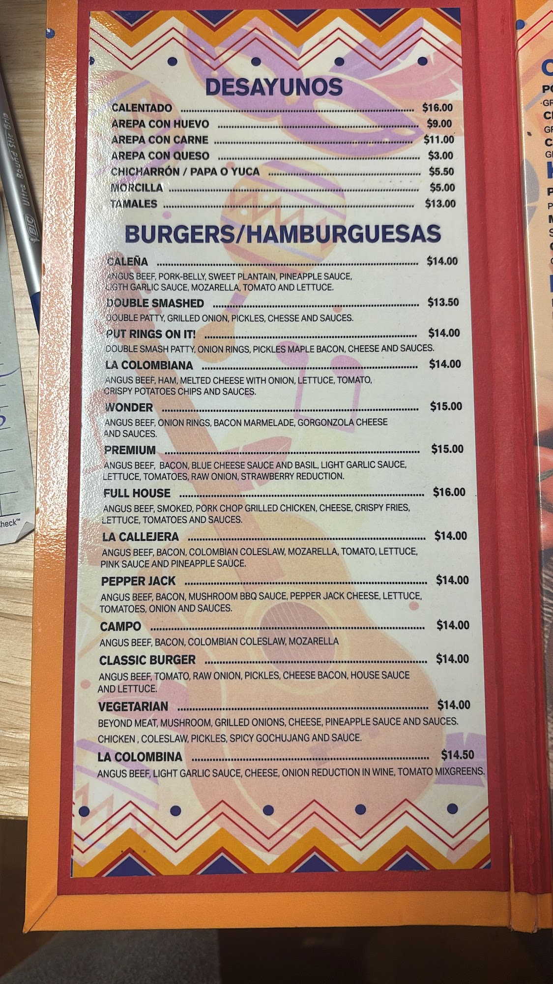 La Colombina Burger Menu