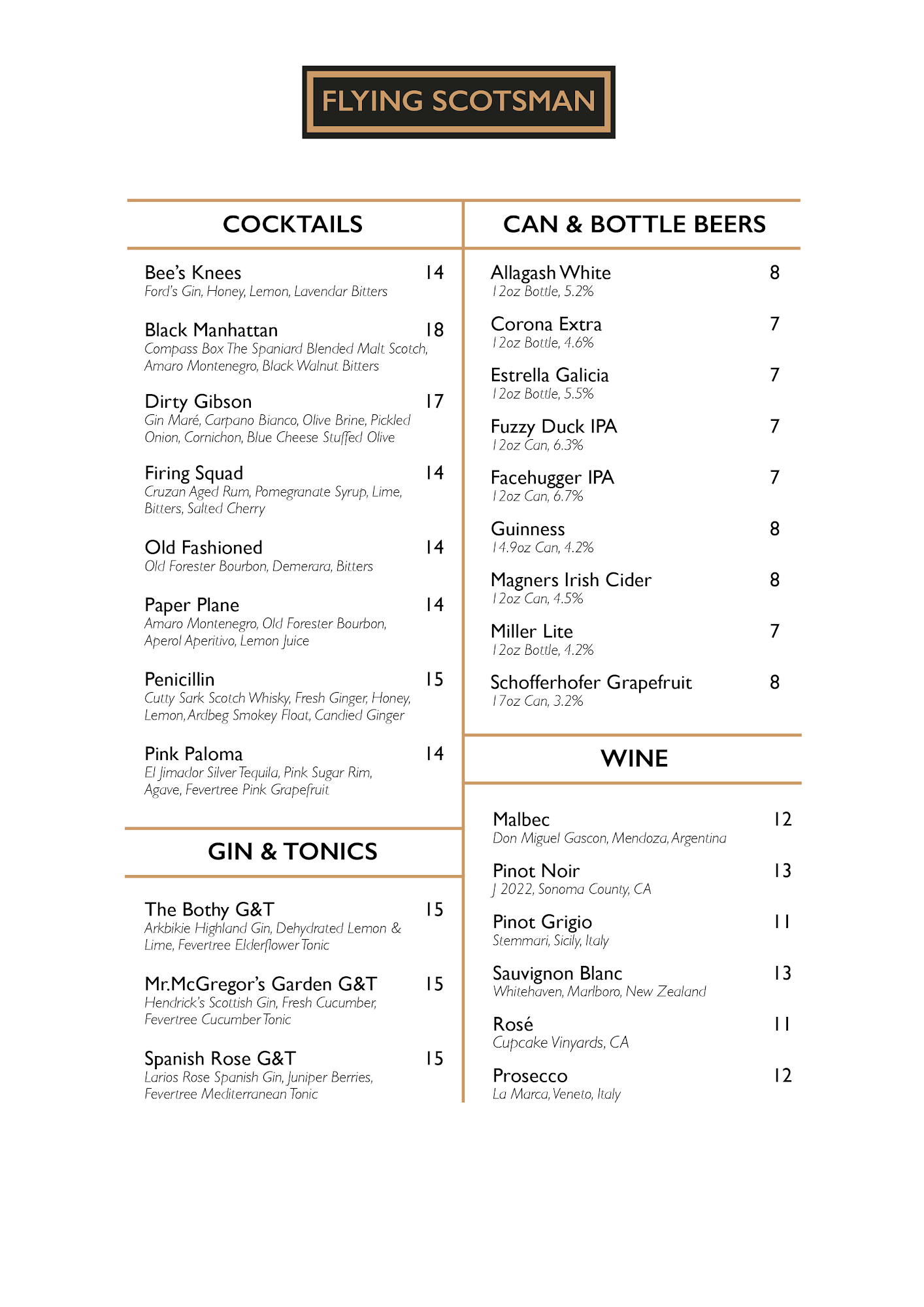 Flying Scotsman Norwalk Menu