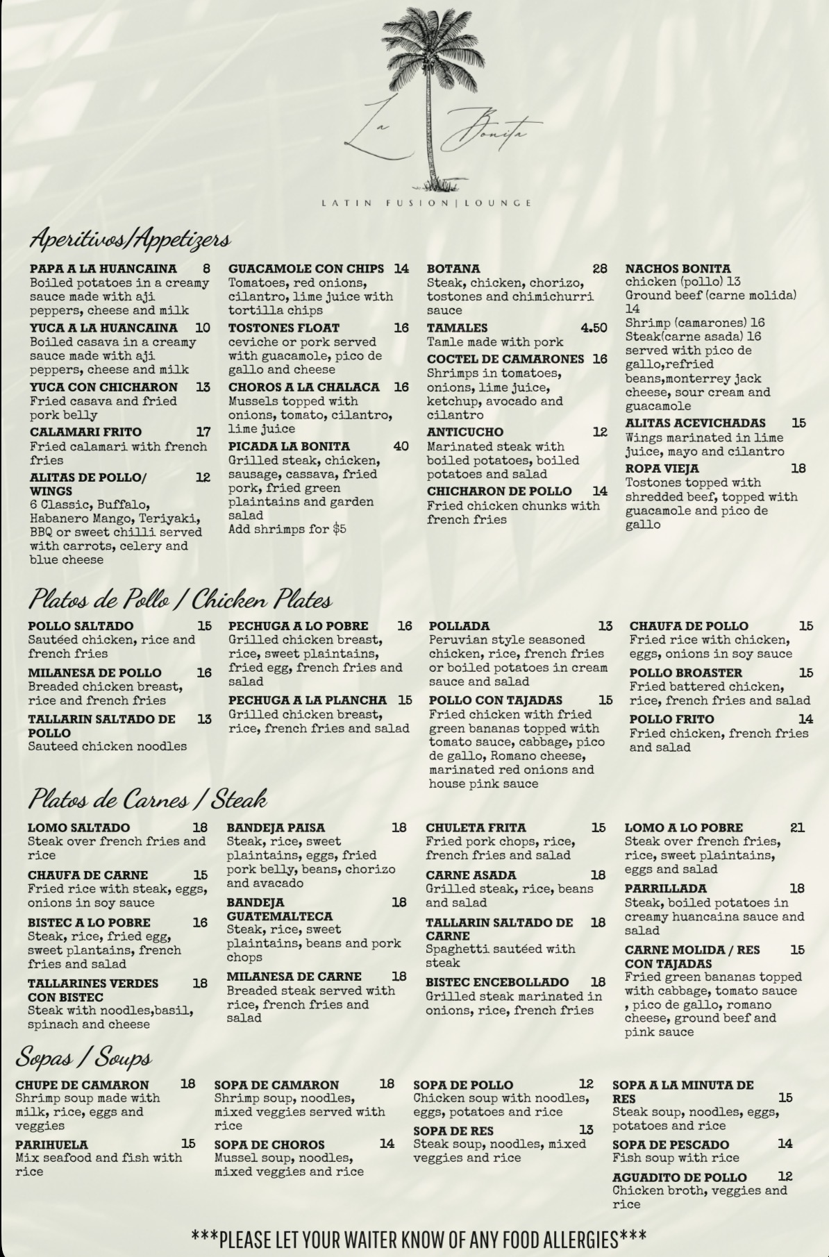 La bonita Menu