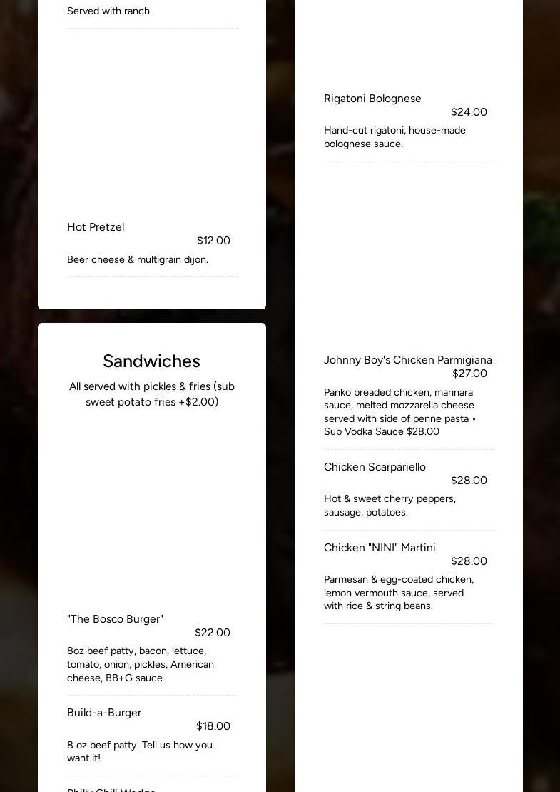 Bosco's Bar and Grill Menu