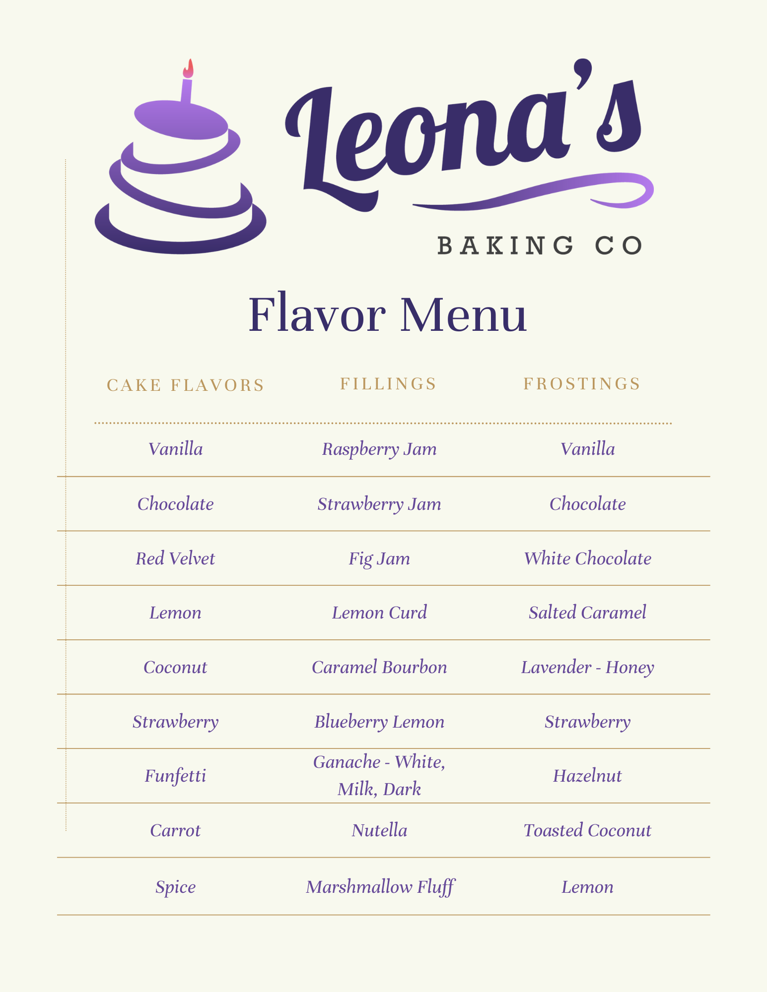 Leona's Baking Co Menu