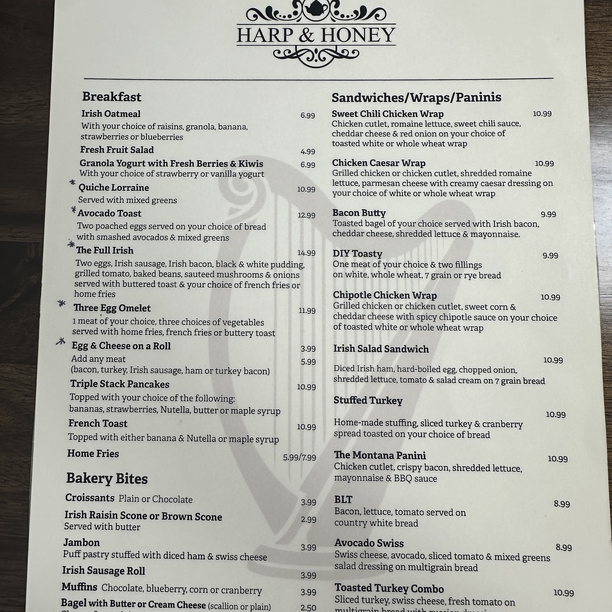 Harp & honey Menu
