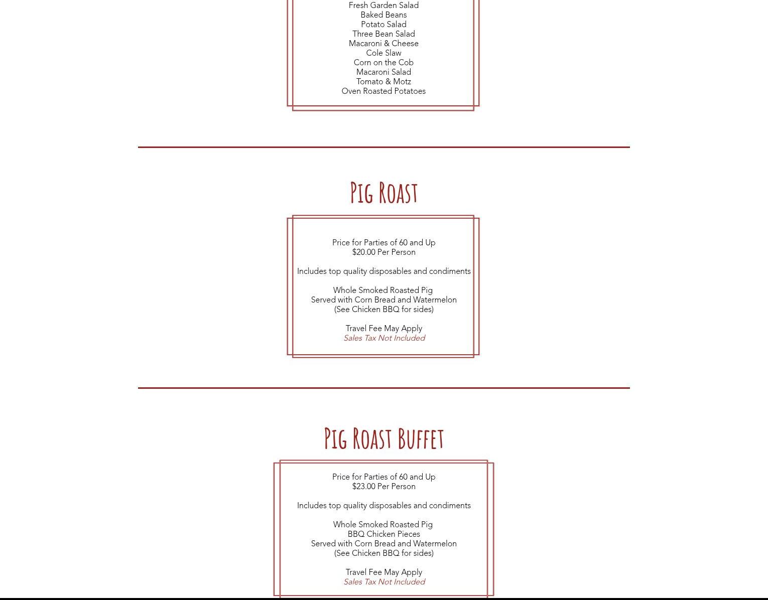 M A Catering & Pig Roasts- Roasting Pigs in CT Menu
