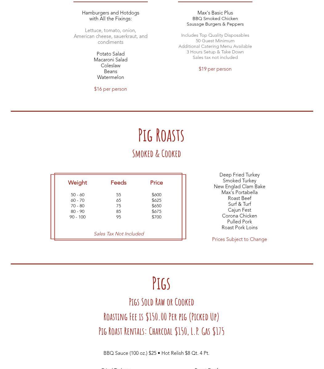 M A Catering & Pig Roasts- Roasting Pigs in CT Menu