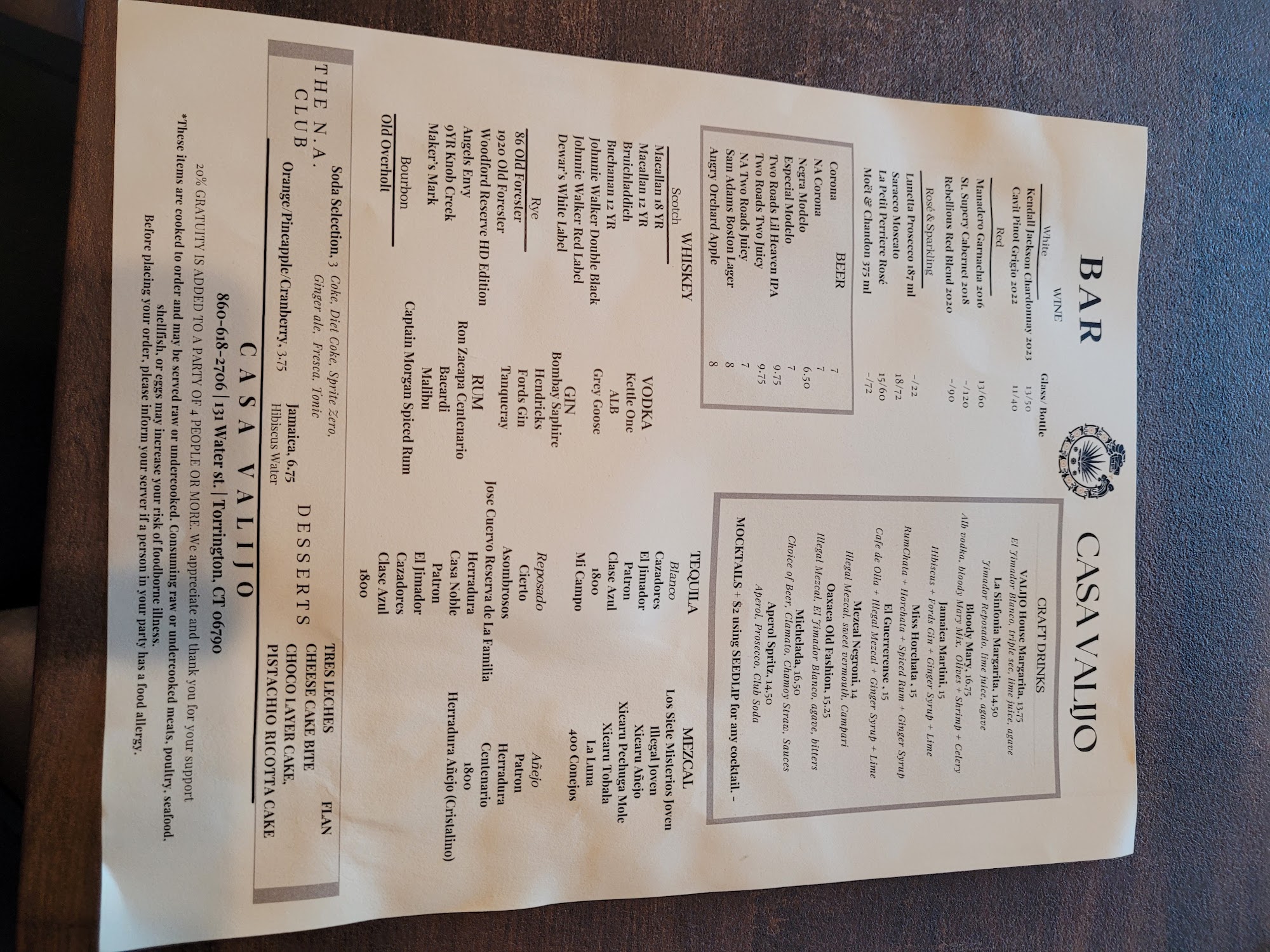 Casa VALIJO Rooftop Menu