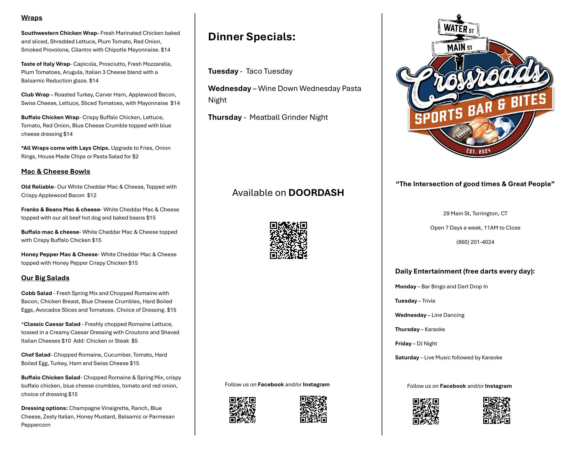 Crossroads Sports Bar and Bites Menu