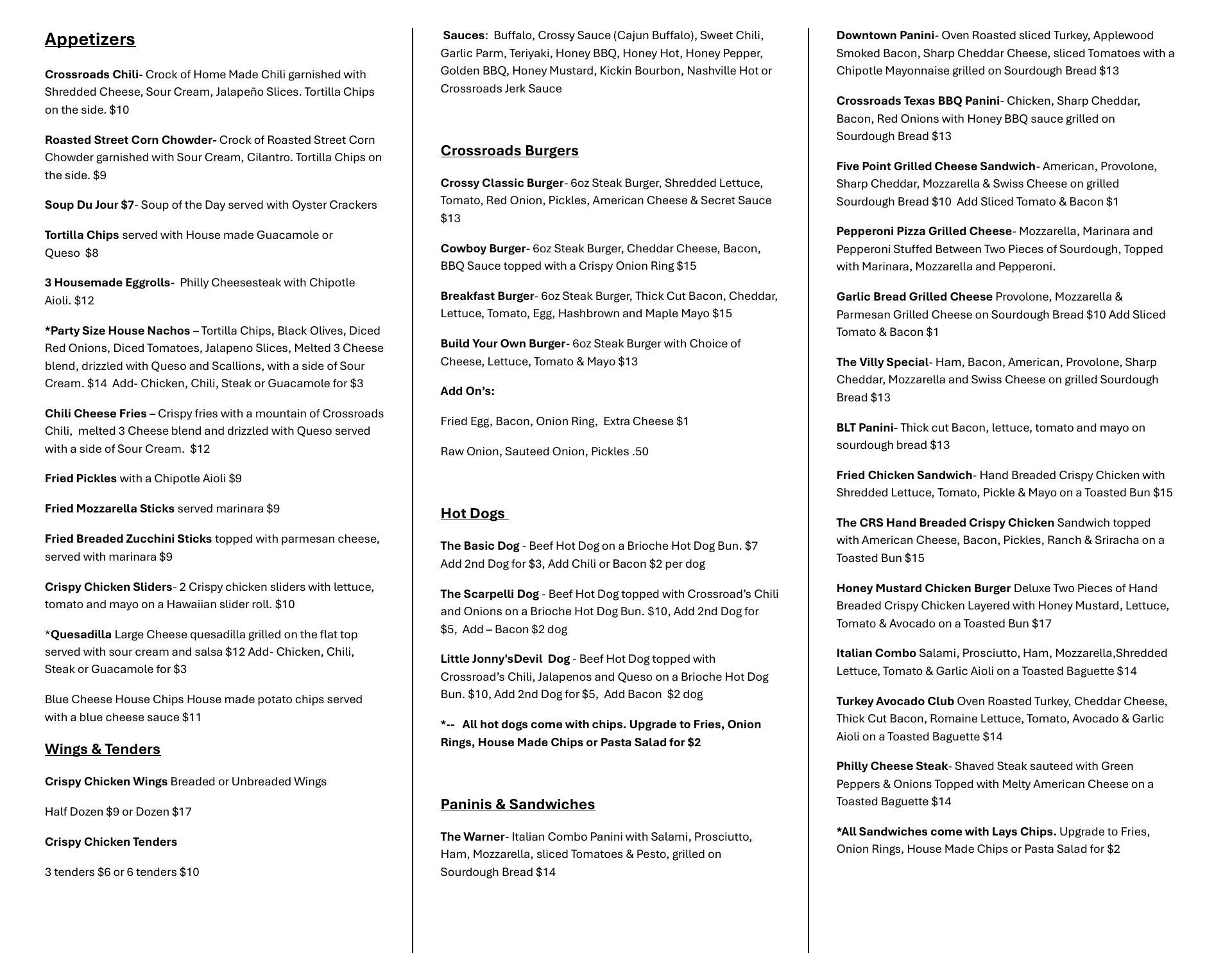 Crossroads Sports Bar and Bites Menu