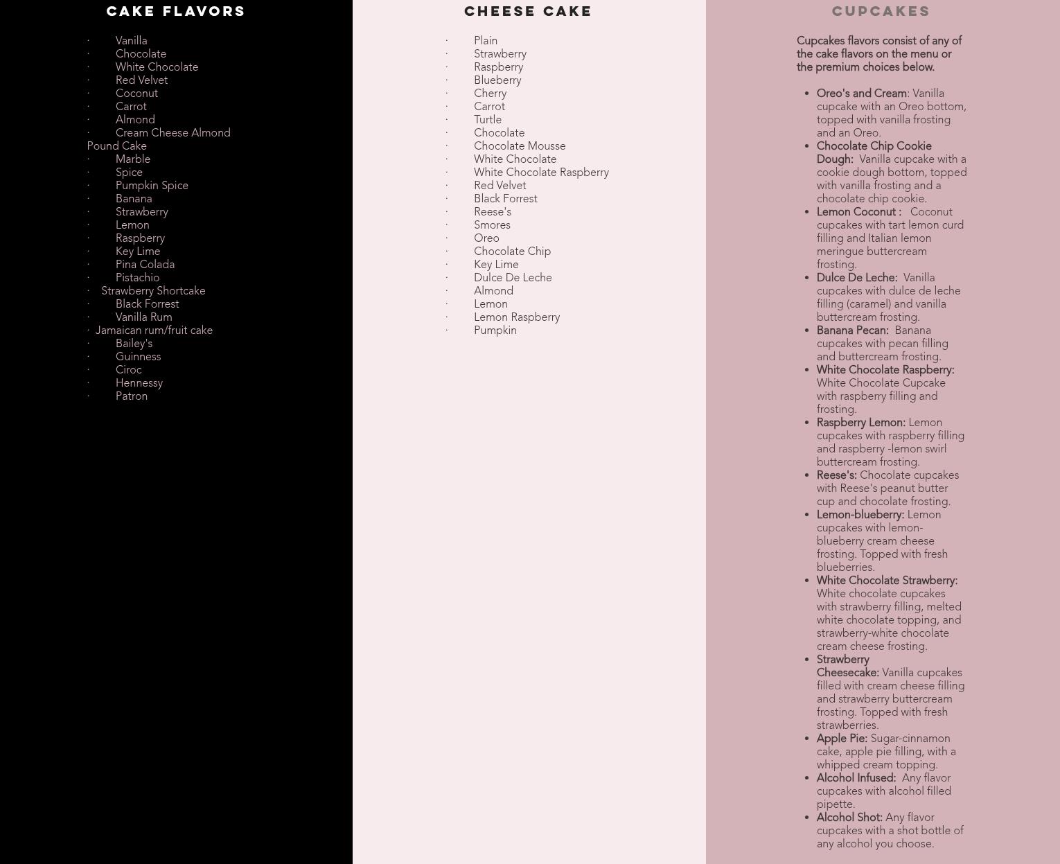 Dream Cakes and Events Menu