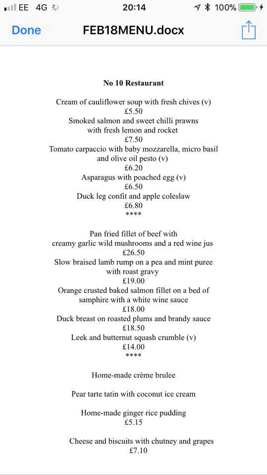 No 10 Restaurant Menu