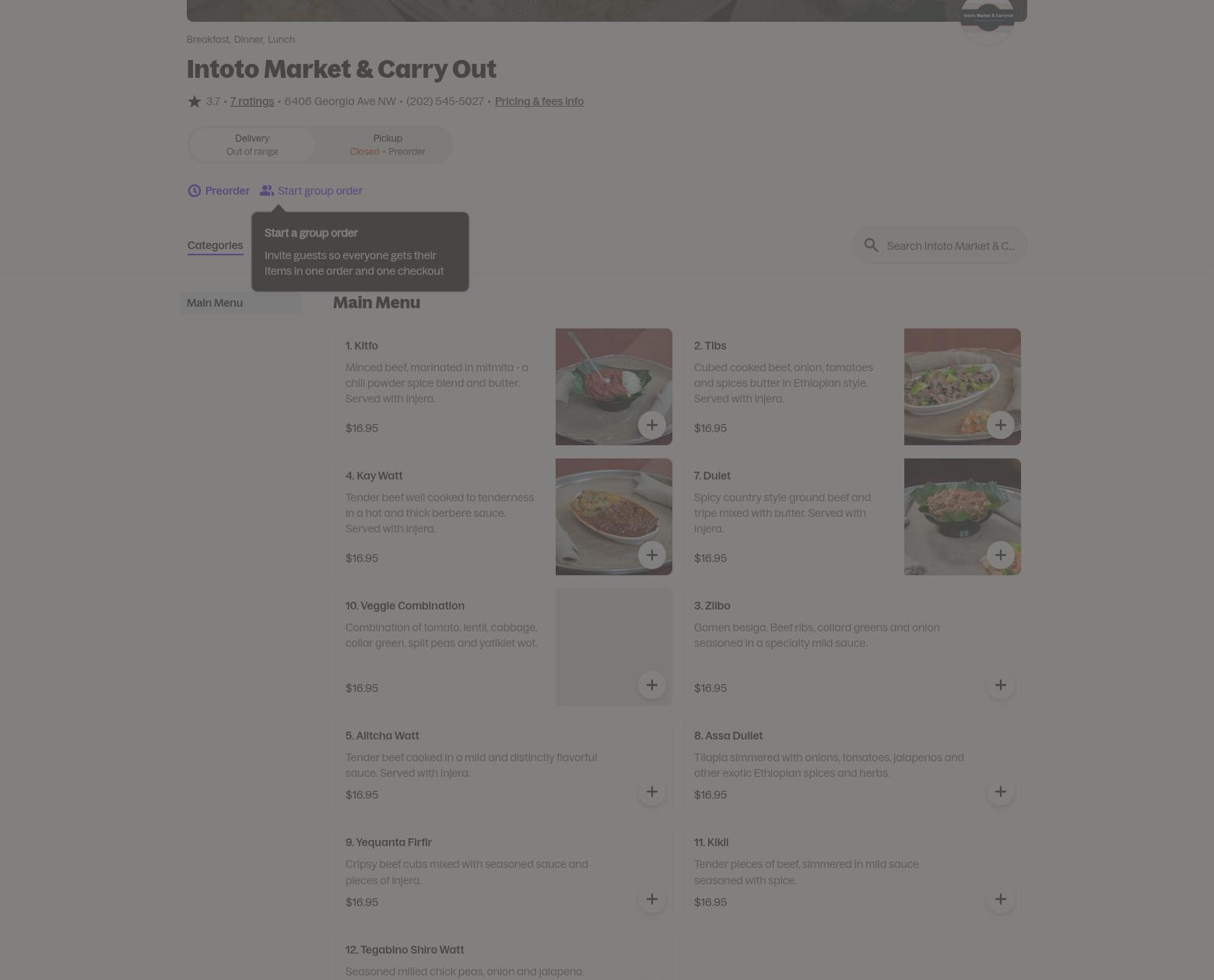 Nahom Injera and Grocery Menu