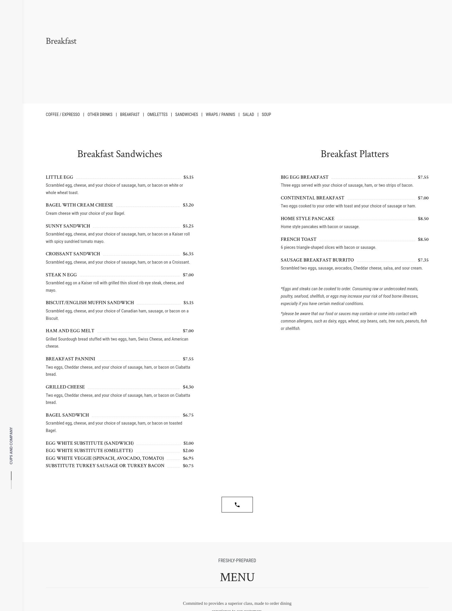 Cups & Company Menu