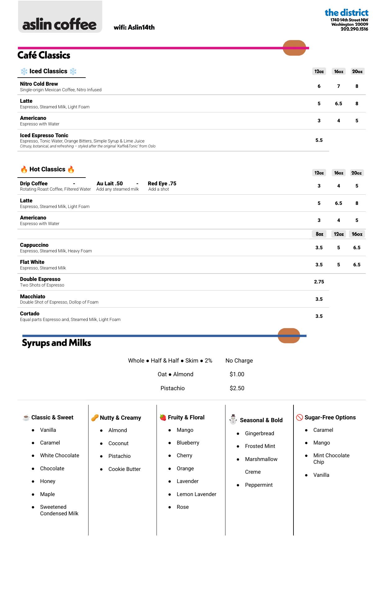Aslin Coffee DC Menu
