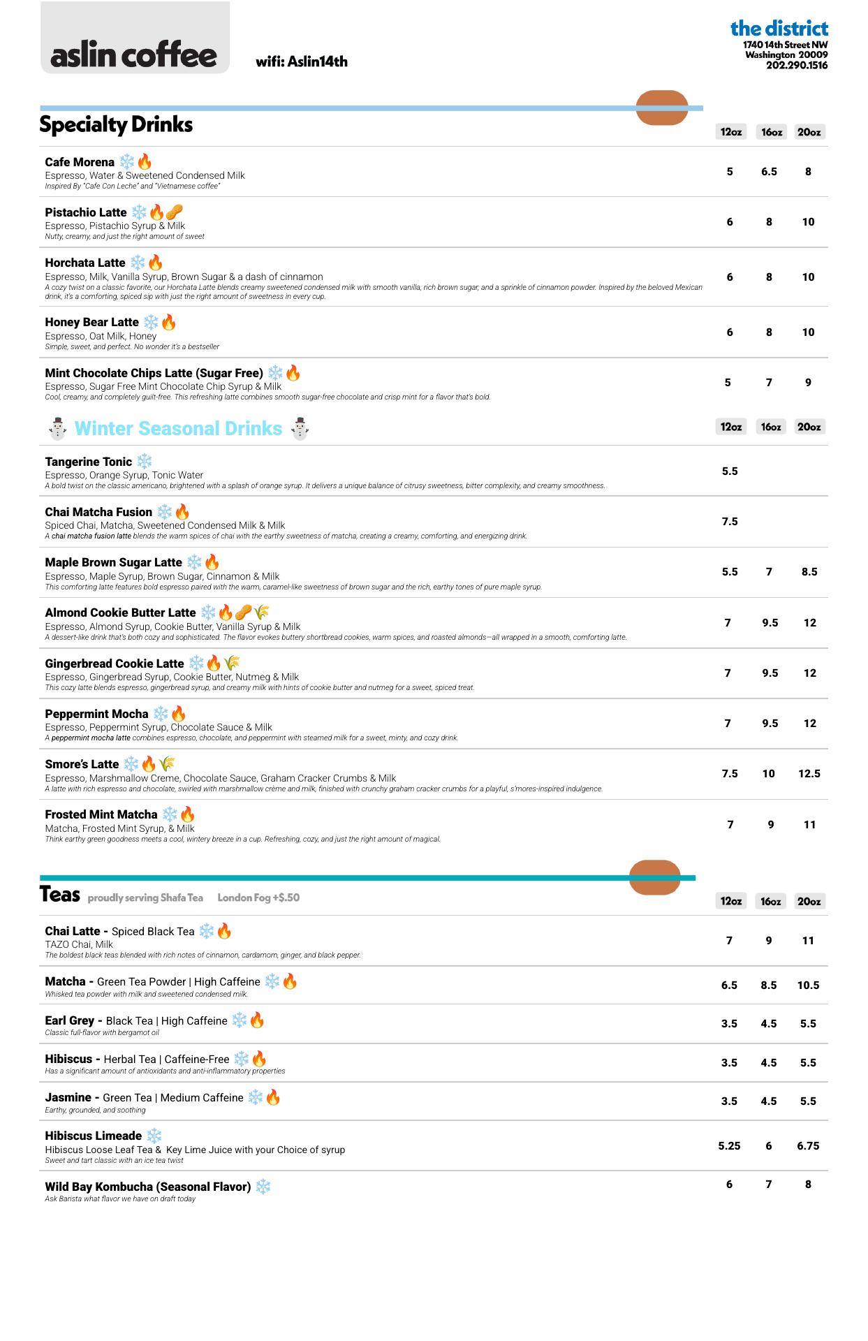 Aslin Coffee DC Menu