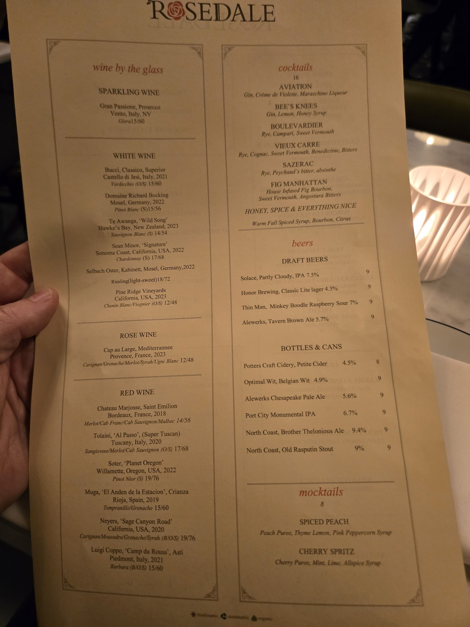 Rosedale Restaurant Menu