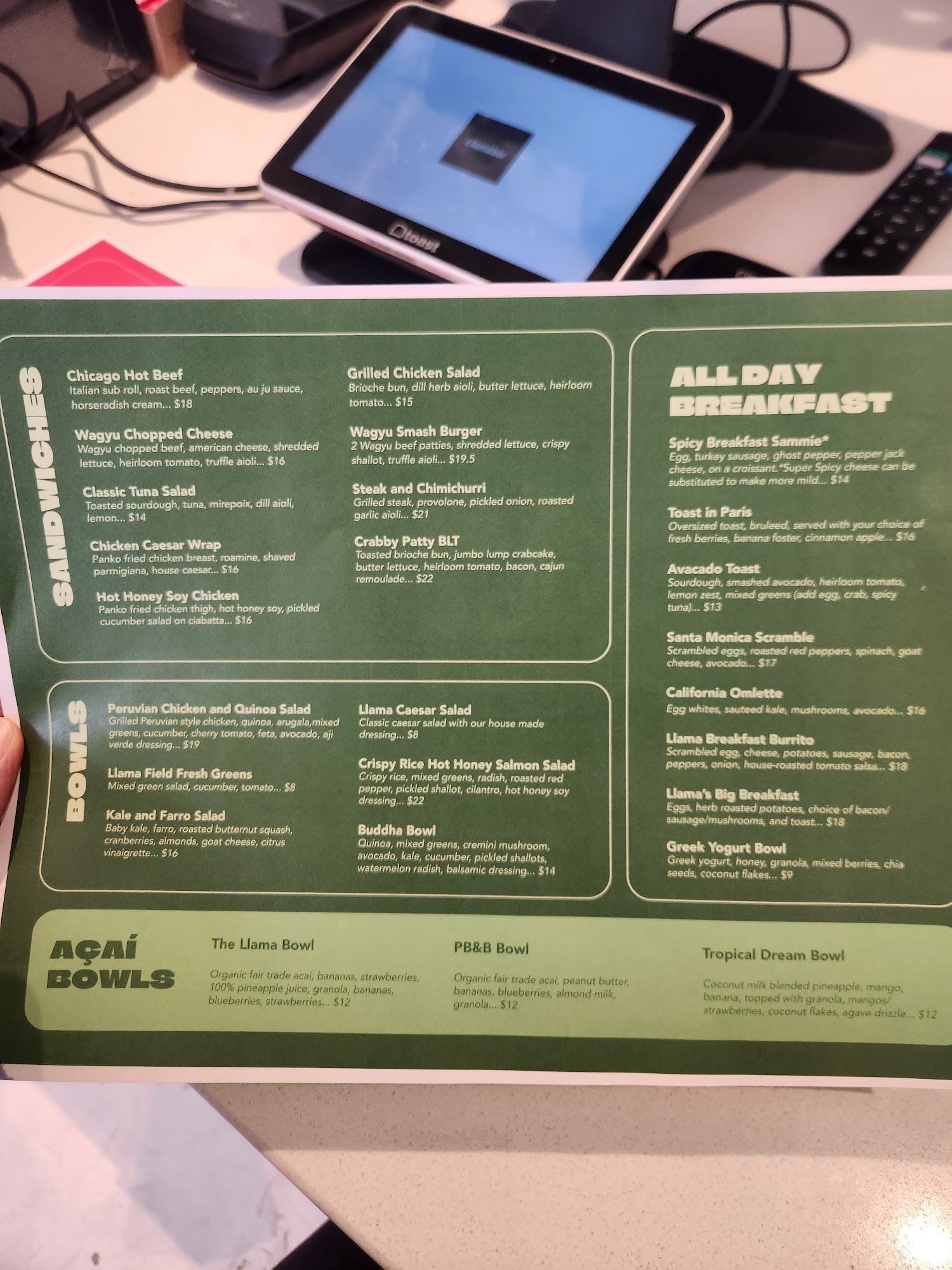 Llamabar Cafe Menu