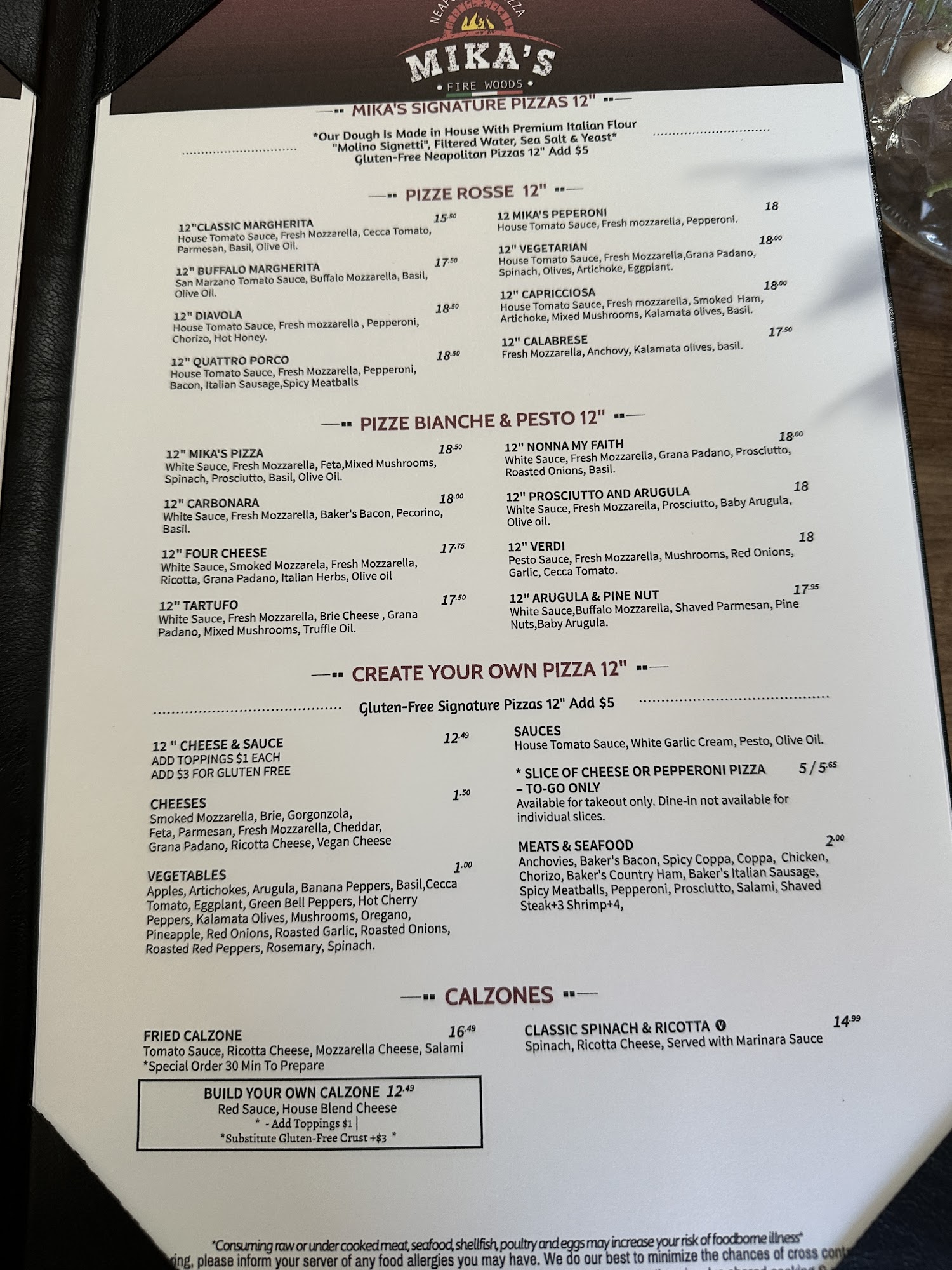 Mika’s Neapolitan Pizza Menu
