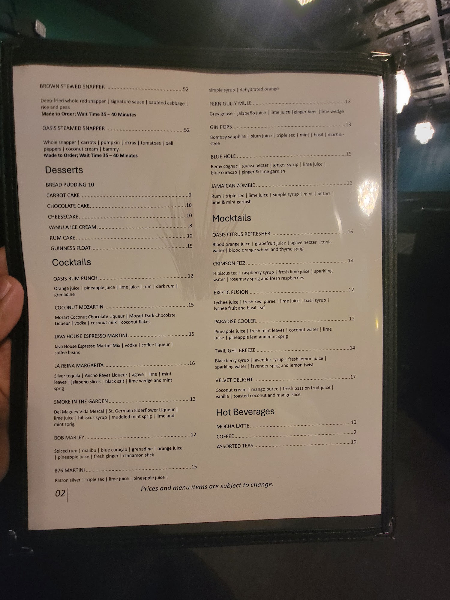 Seta Oasis Restaurant & Lounge Menu