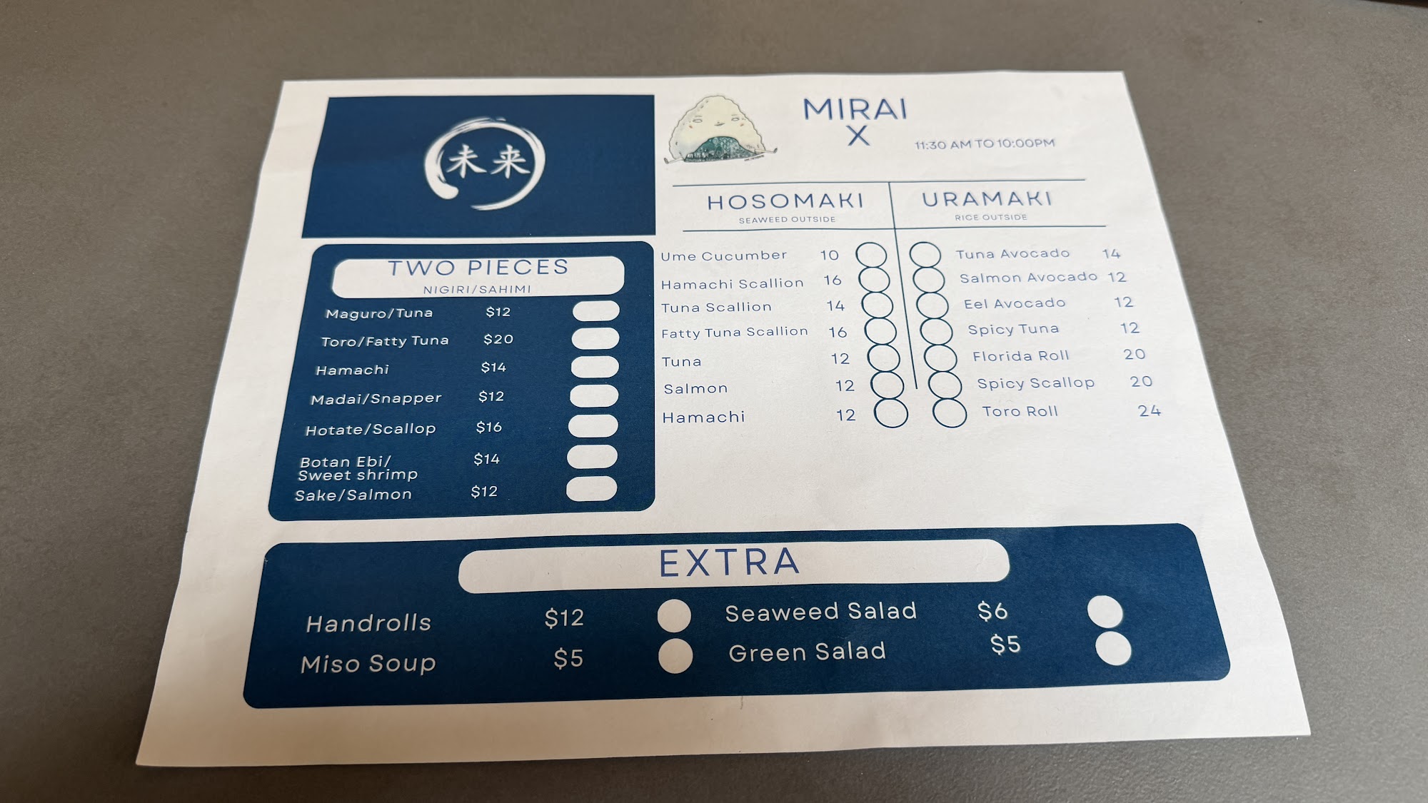 Mirai x Sushi Menu