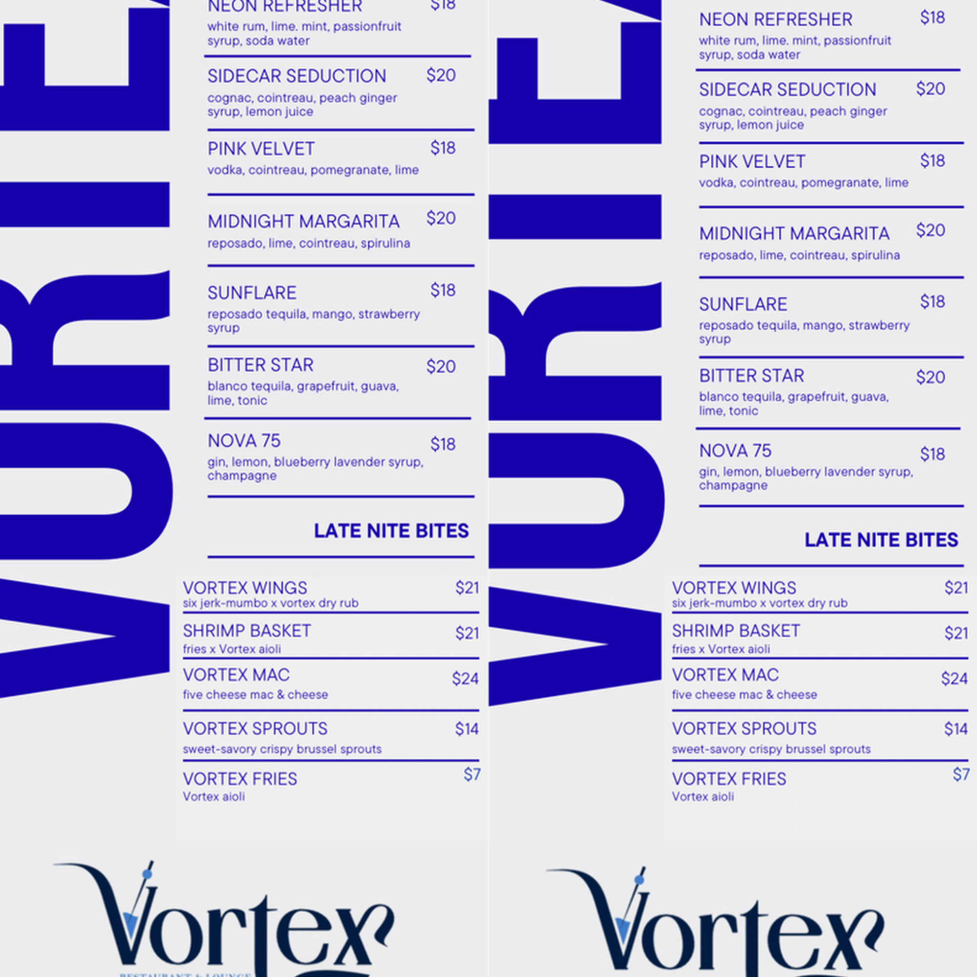 Vortex Restaurant and Lounge Menu
