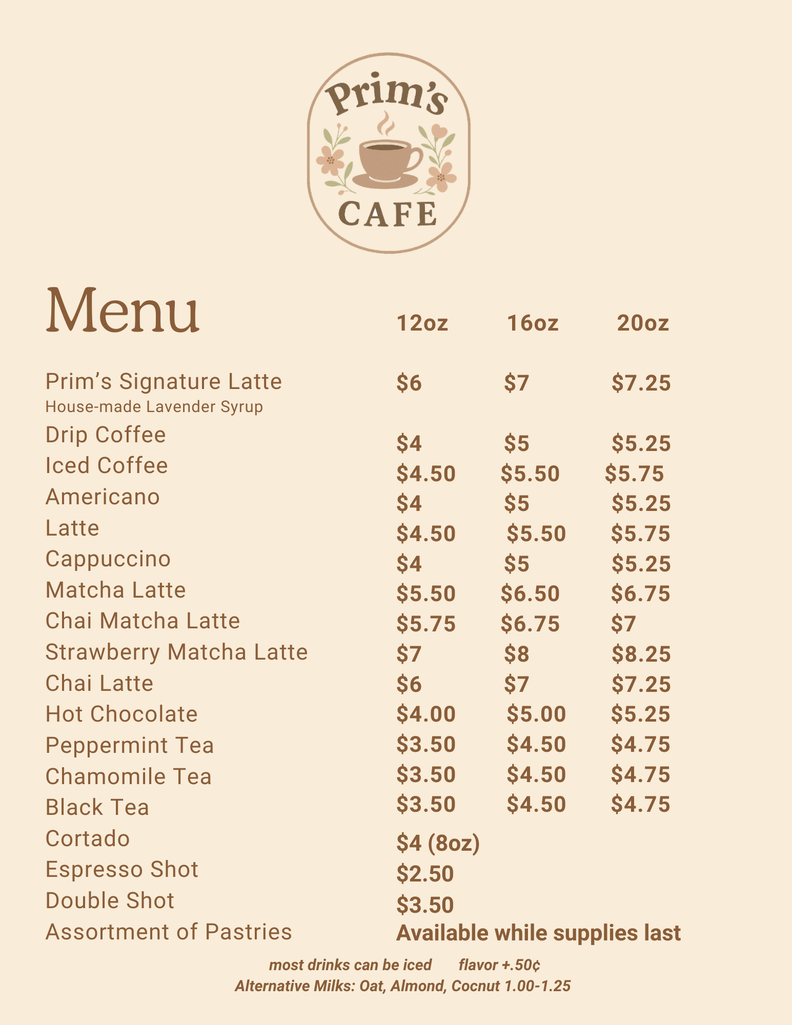 Prim's Cafe Menu