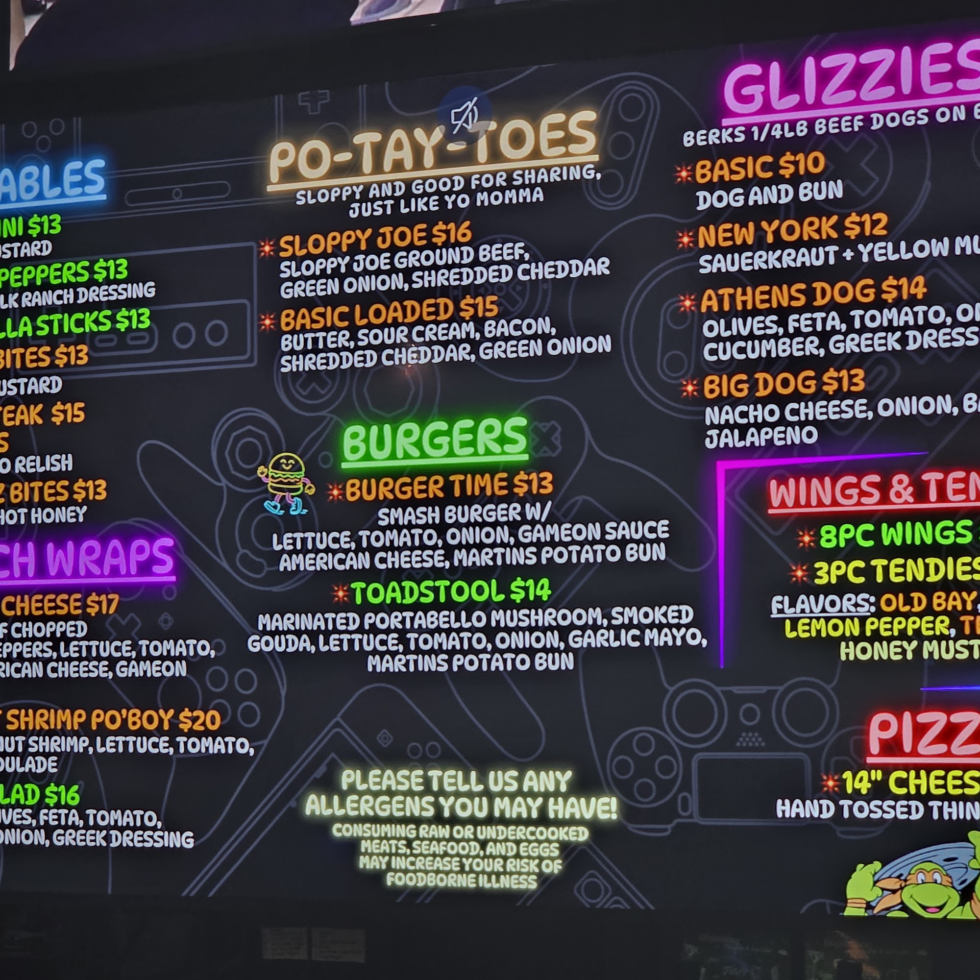 GameOn bar+arcade Menu