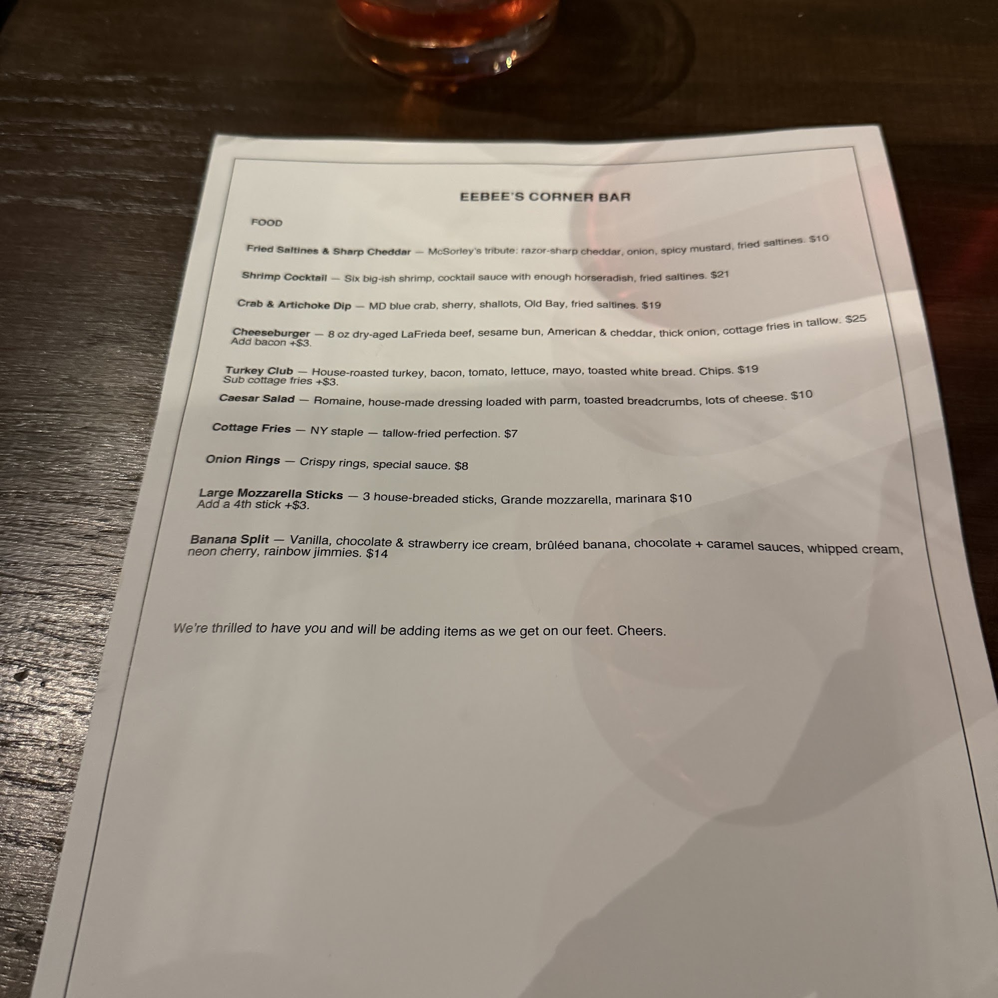 Eebee's Corner Bar Menu
