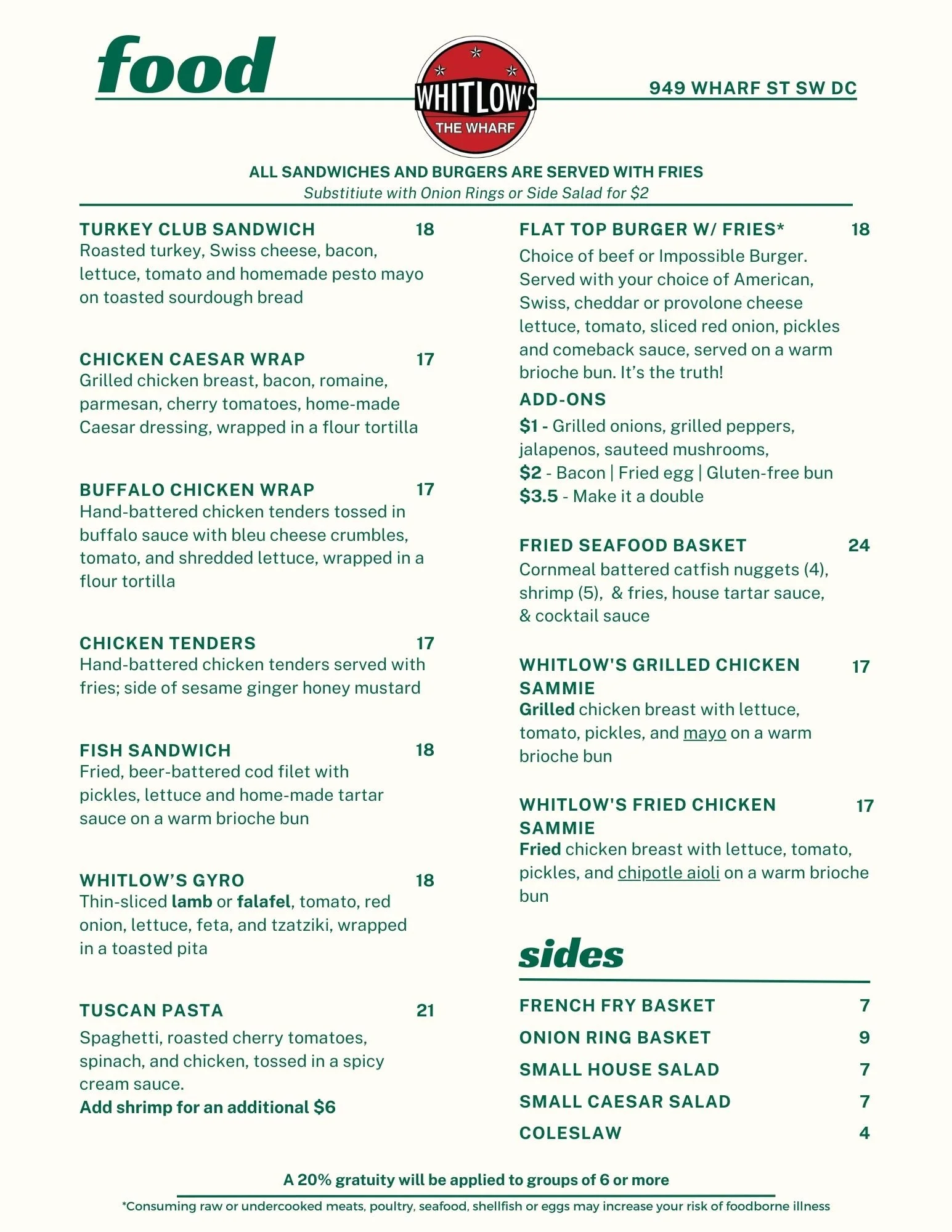 Whitlow’s at the Wharf Menu