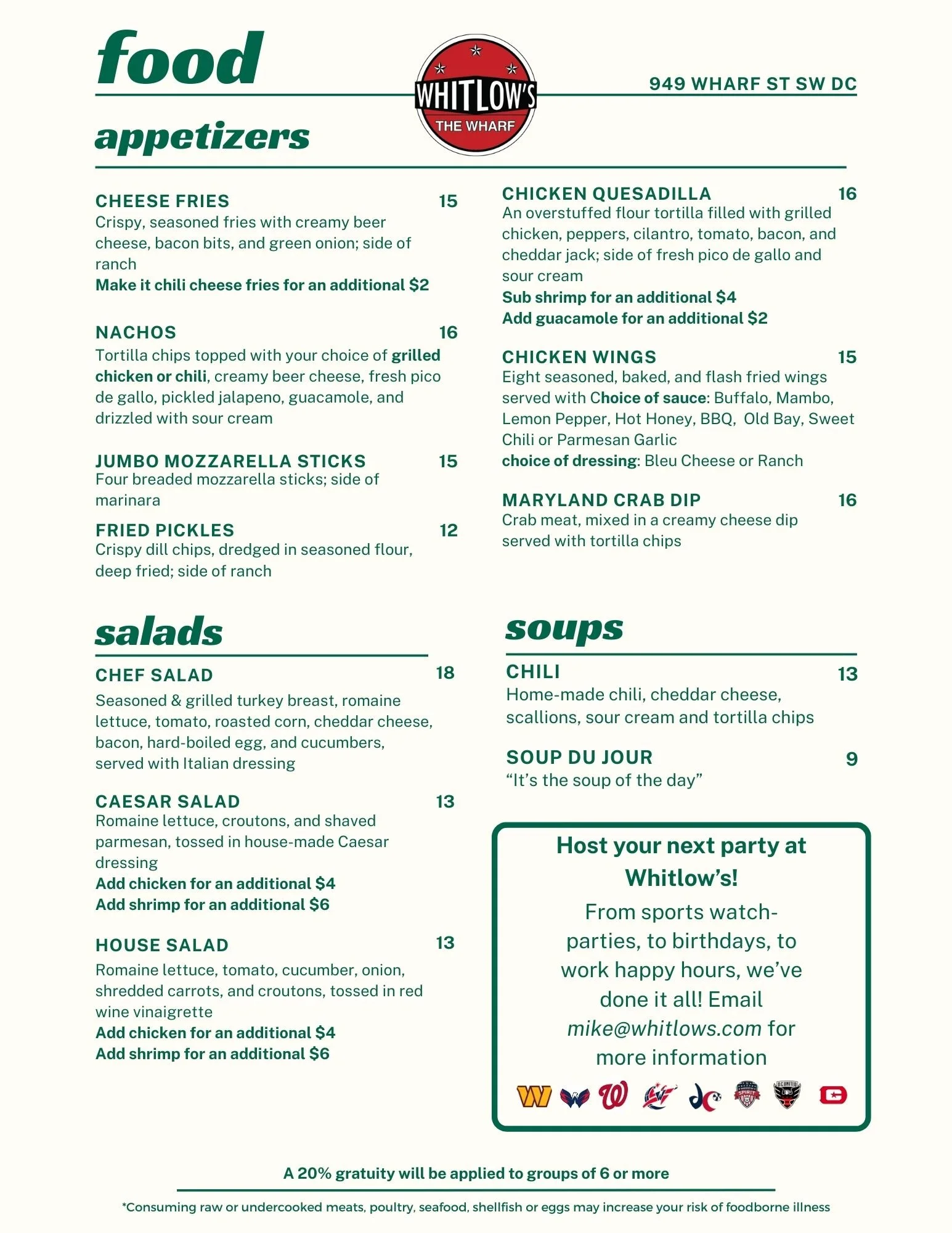 Whitlow’s at the Wharf Menu