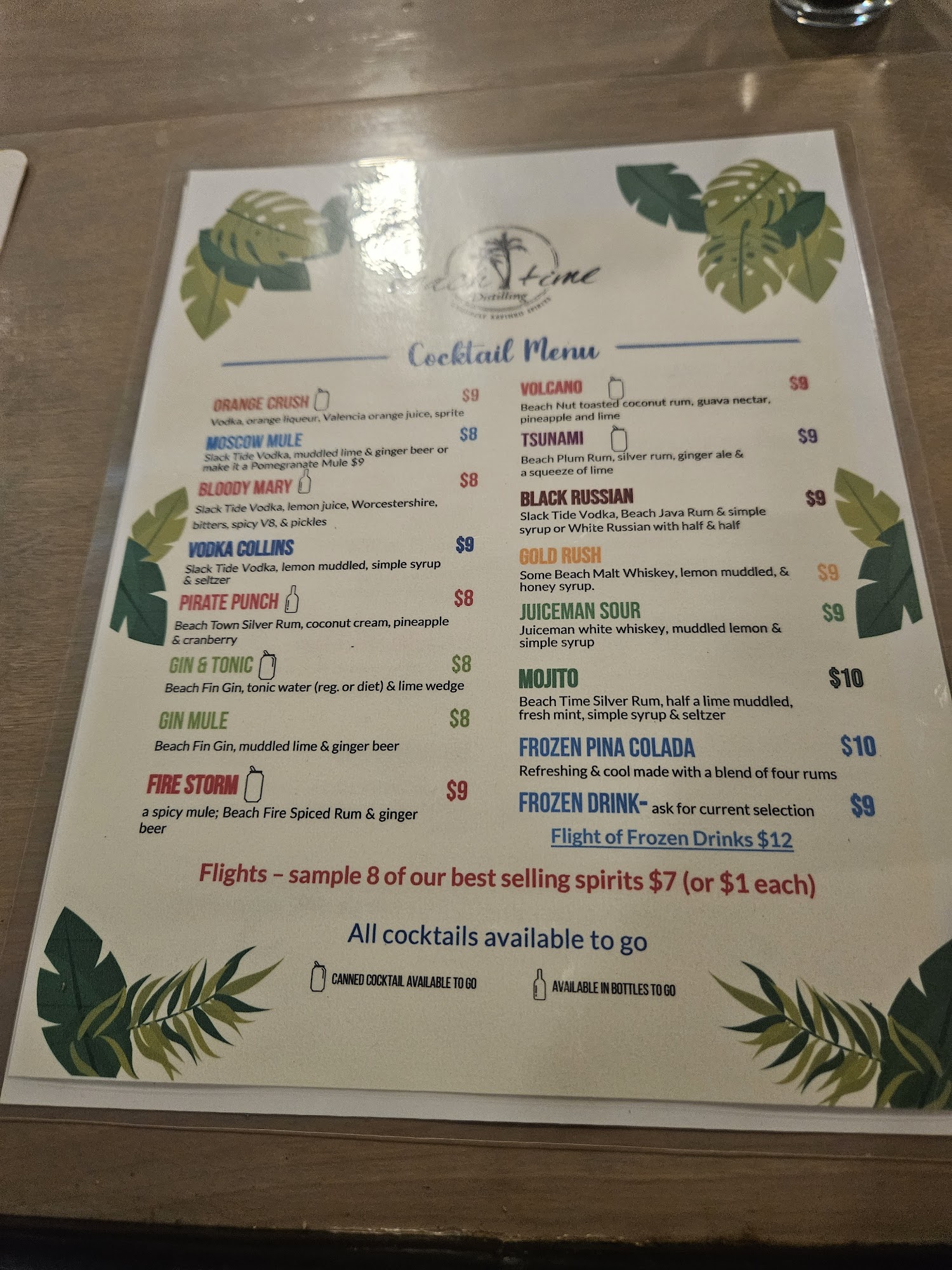 Beach Time Distilling Menu