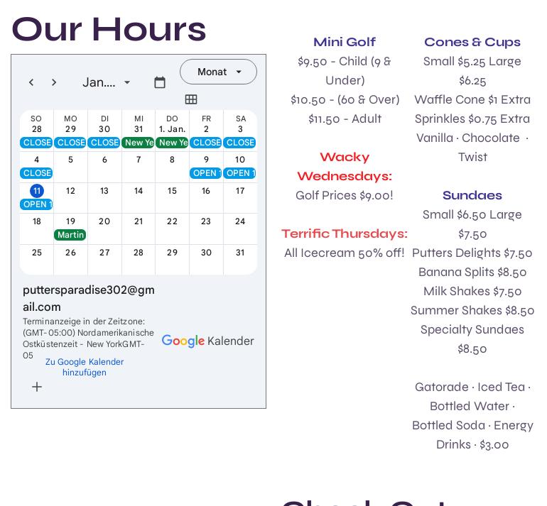Putters Paradise Ice Cream Menu