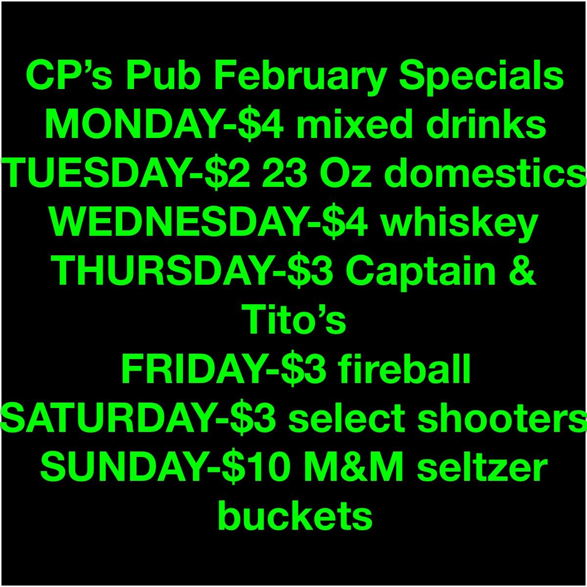 CP's Pub Menu