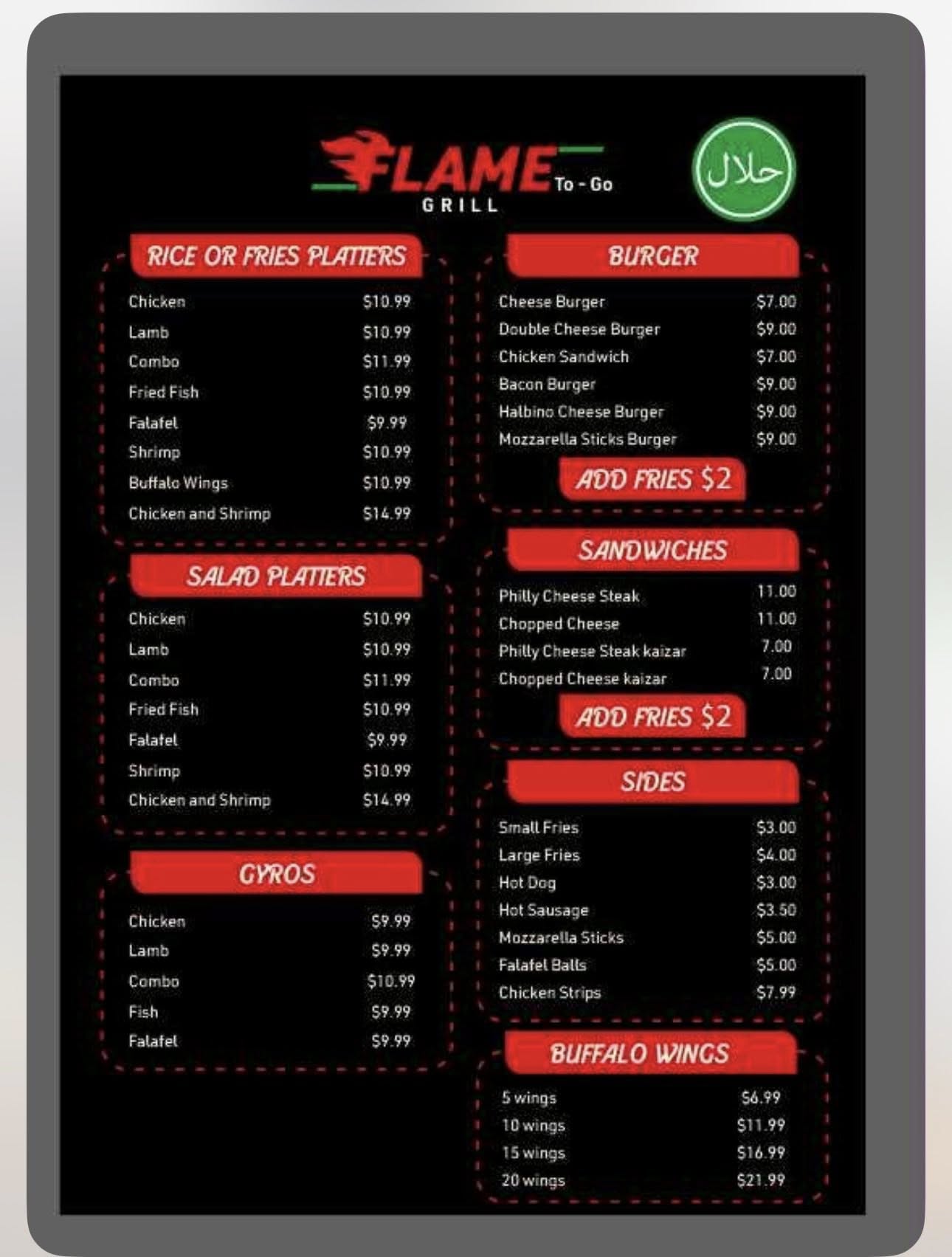 FLAME GRILL VAPE HALAL FOOD TO-GO Menu