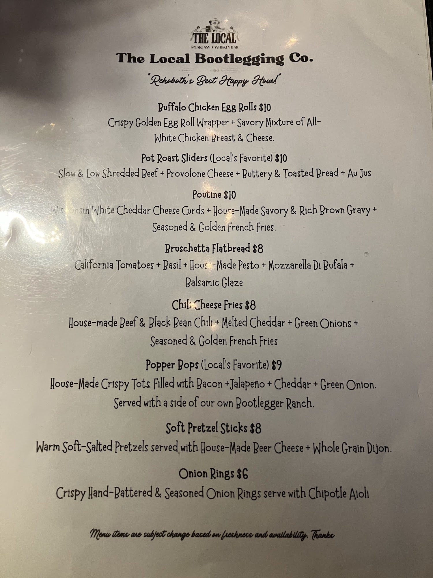 The Local Bootlegging Co. (Formerly 302 The Local) Menu