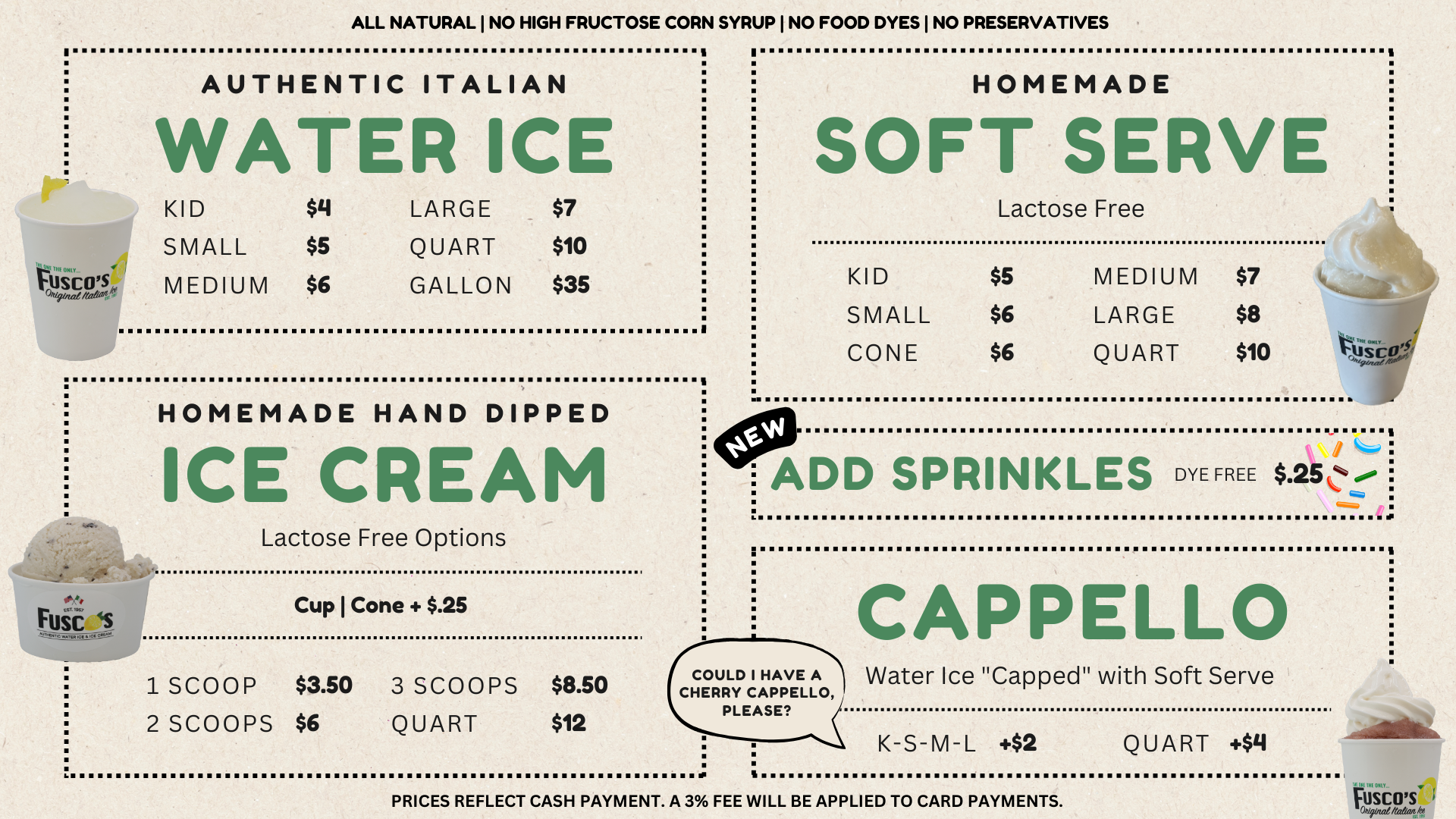 Fusco's Water Ice Menu
