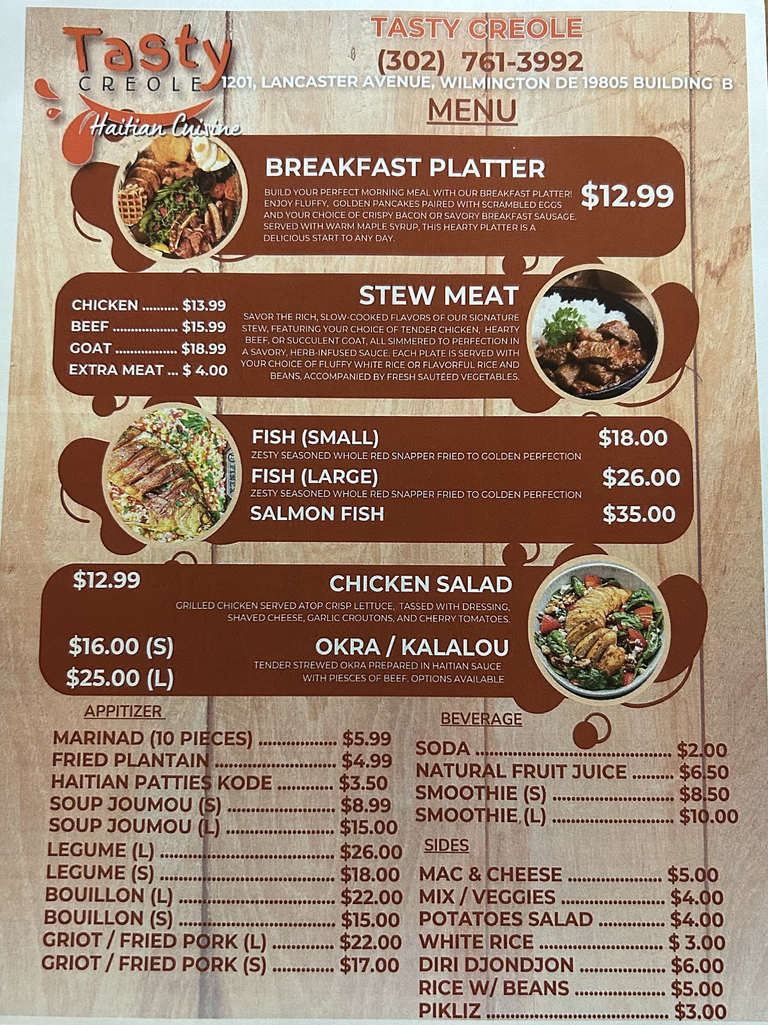 Tasty Creole Menu