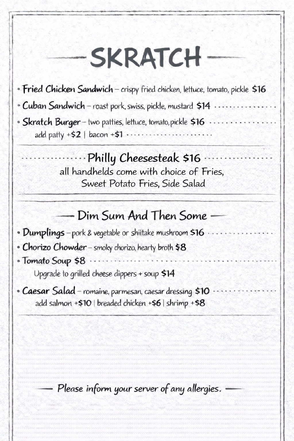 SKRATCH Bar & Kitchen Menu