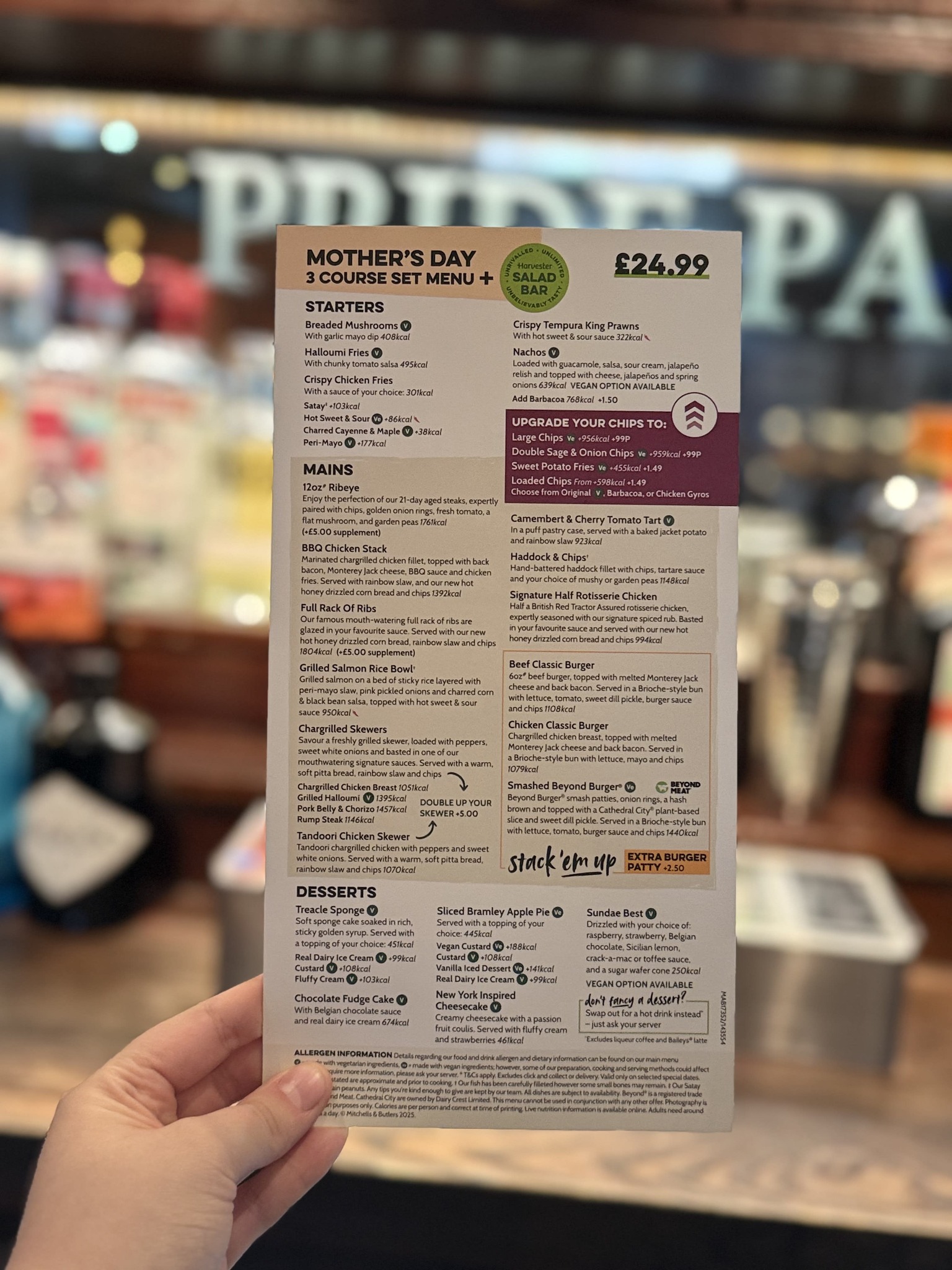 Pride Park Derby Menu