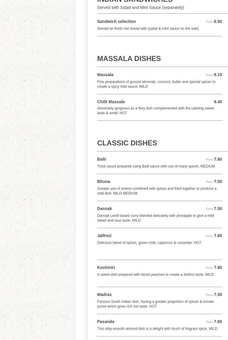 Taj Balti Glossop Menu