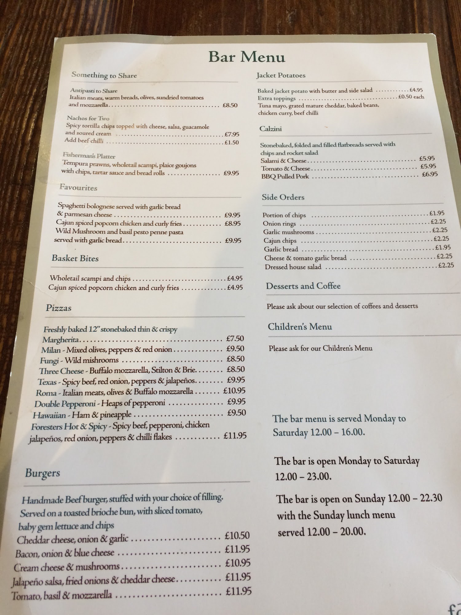 Foresters bar & restaurant Menu