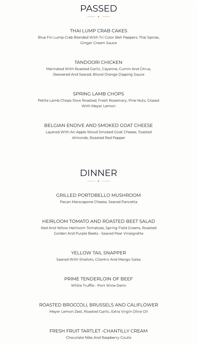 Crystal Bay Caterers Menu