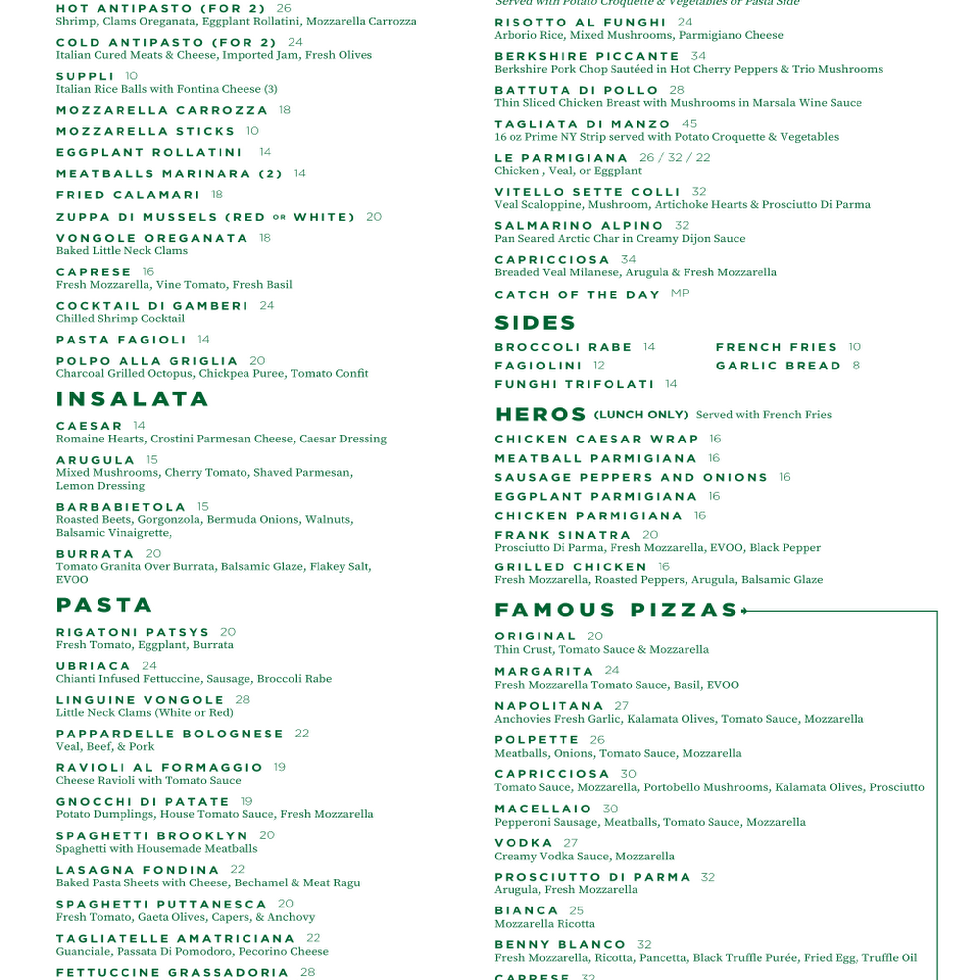 Patsy's Pizzeria Menu