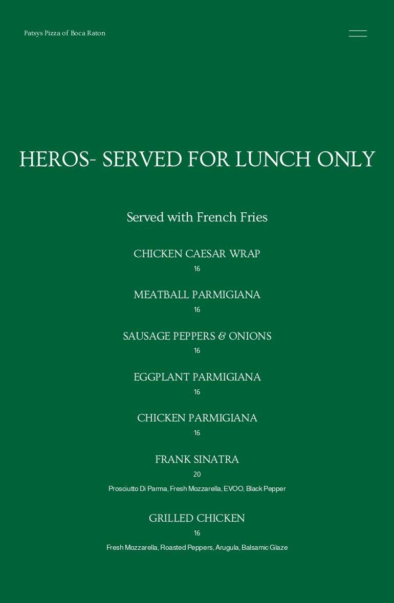 Patsy's Pizzeria Menu