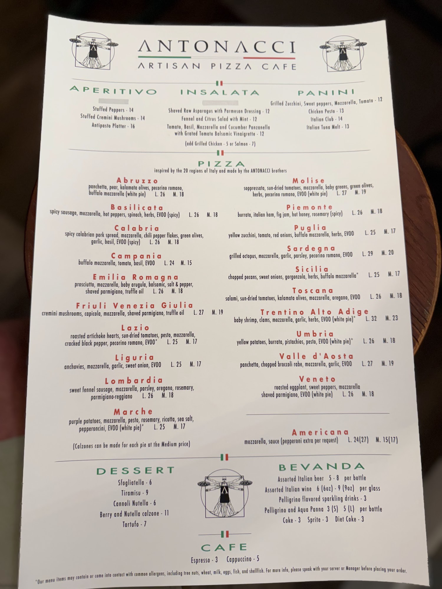 Antonacci Artisan Pizza Cafe Menu