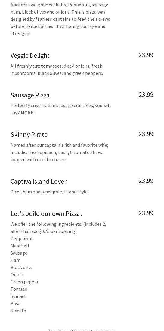 Captiva Island Pizza Menu