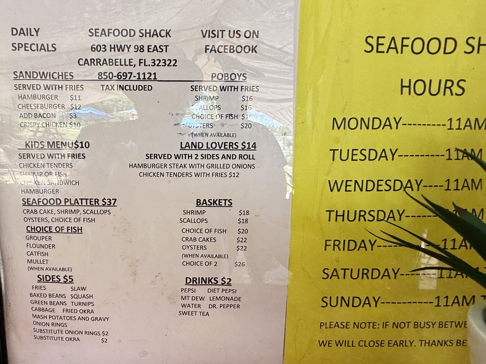 Seafood Shack Menu