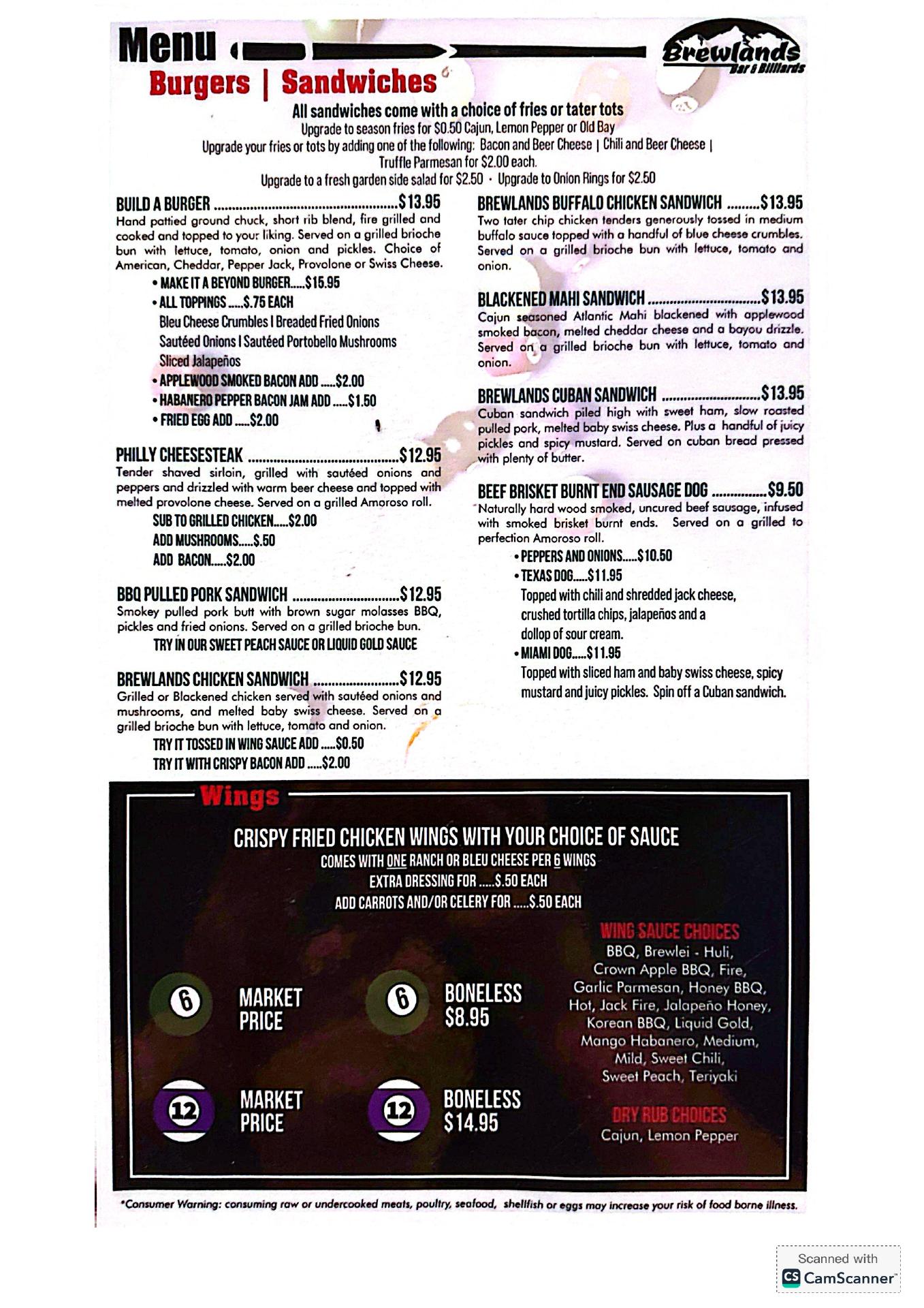 Brewlands Bar & Billiards Menu