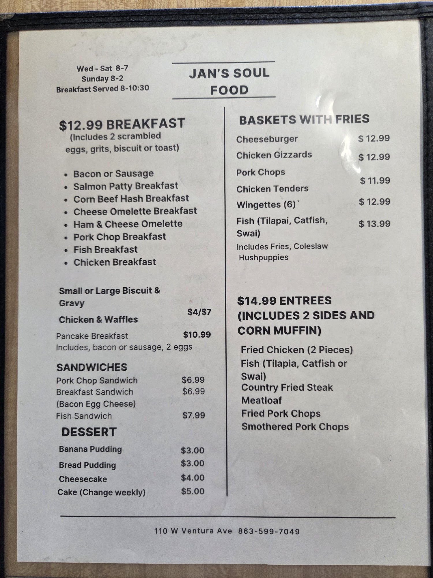 Jan’s Soul Food Menu