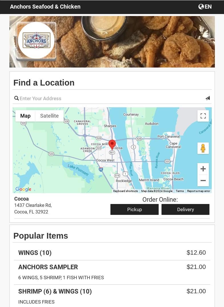 Anchors Seafood & Chicken Menu